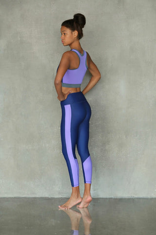 Eco-friendly Navy and Purple Leggings VEOM. Ethically made in Europe from recycled plastic